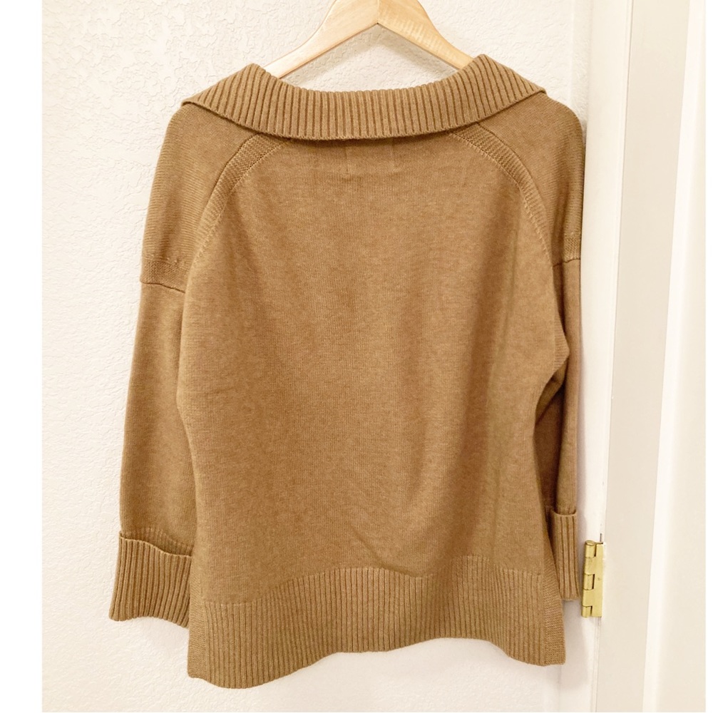 ALL : ROW Chunky Knit V-Neck side Vent Sweater Tan / Camel SZ: Large - Picture 12 of 13